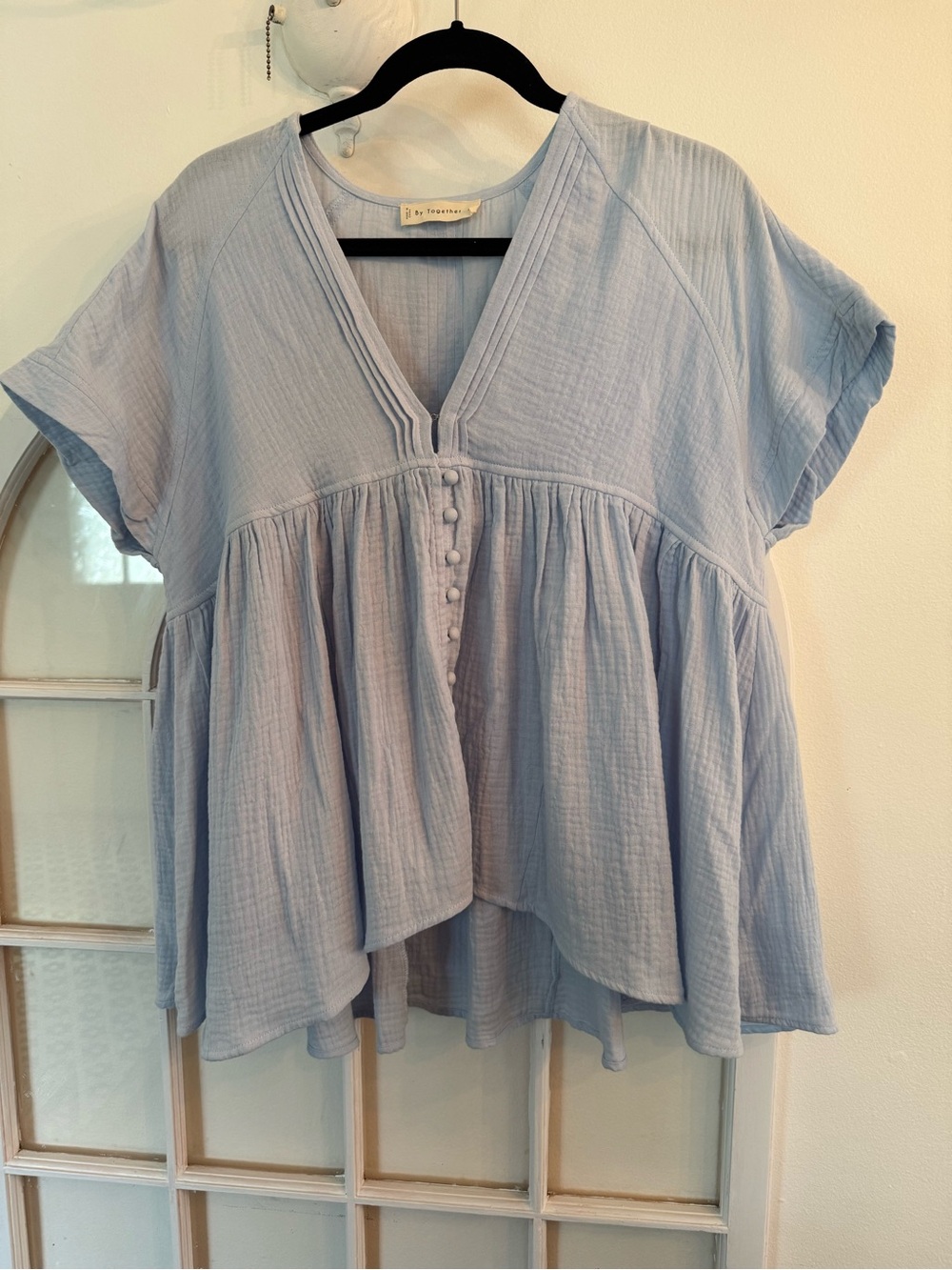 Babydoll Double Gauze Blue Boho Blouse Tunic Cover up Size Medium/Large Cotton - Picture 2 of 12